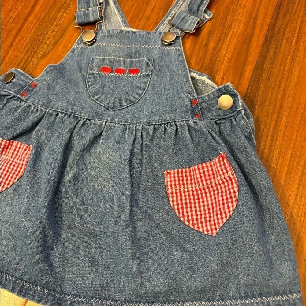 Vintage denim overall dress embroidered heart red plaid accents